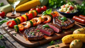 découvrez notre menu barbecue d'été haut de gamme avec une sélection raffinée de viandes grillées et d'accompagnements savoureux pour des repas en plein air élégants.